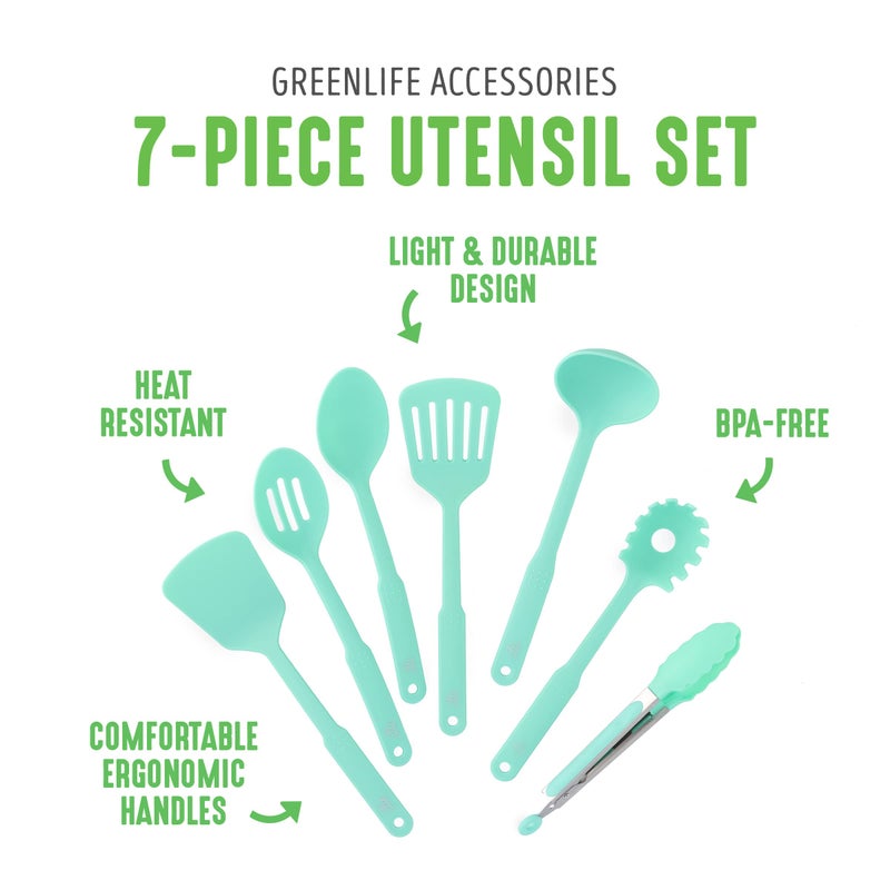 GreenLife Cooking Tools and Utensils, 7 Piece Nylon Set including Spatulas Turner Spoons and Tongs, Dishwasher Safe, Turquoise - Image 2
